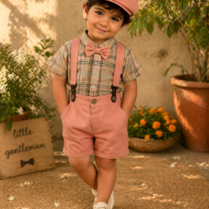 Baby Boys Suspender Shorts Outfit Set with Cap & Bow Tie – Peach Formal Party Wear