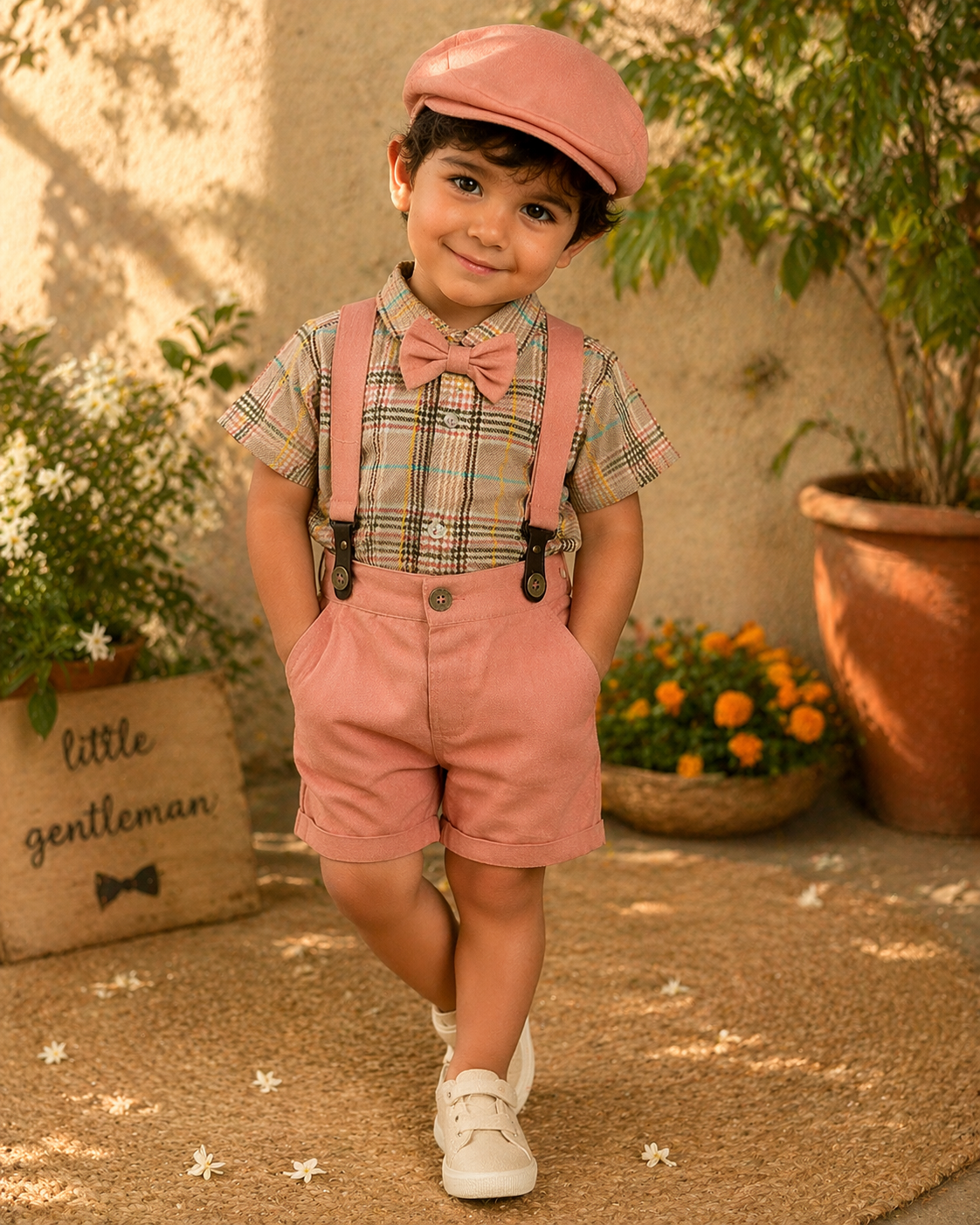 Baby Boys Suspender Shorts Outfit Set with Cap & Bow Tie – Peach Formal Party Wear