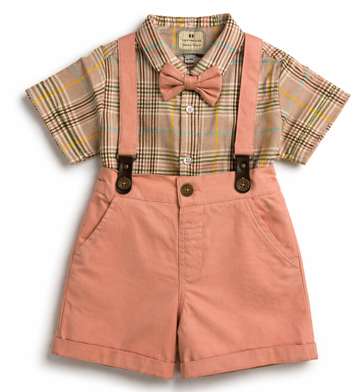 Baby Boys Suspender Shorts Outfit Set with Cap & Bow Tie – Peach Formal Party Wear - Image 2