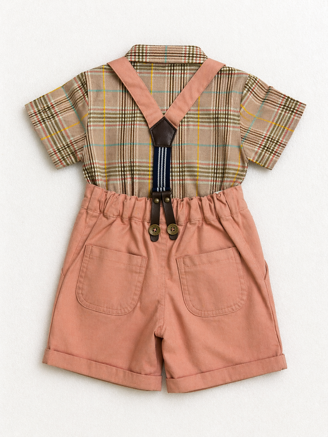 Baby Boys Suspender Shorts Outfit Set with Cap & Bow Tie – Peach Formal Party Wear - Image 3