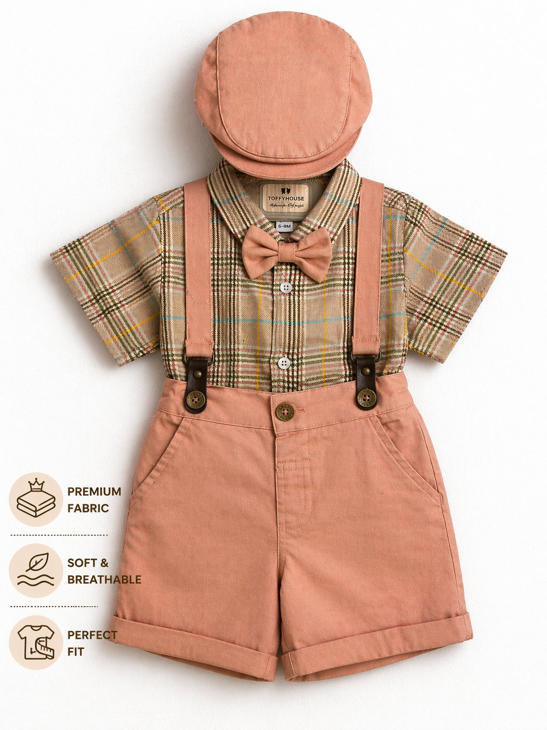 Baby Boys Suspender Shorts Outfit Set with Cap & Bow Tie – Peach Formal Party Wear - Image 4