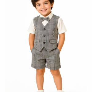Baby Boys Grey Checkered Formal Waistcoat Shorts Set with Cap & Bow Tie
