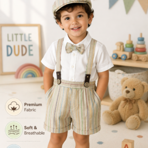 Baby Boys Striped Suspender Shorts Set with Cap & Bow Tie (Beige Party Wear Outfit)