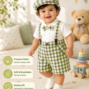 Baby Boys Neon Yellow Checkered Suspender Shorts Outfit Set with Cap & Bow Tie