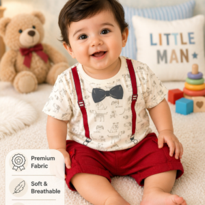Baby Boys Printed T-Shirt & Red Shorts Set – Casual Summer Outfit