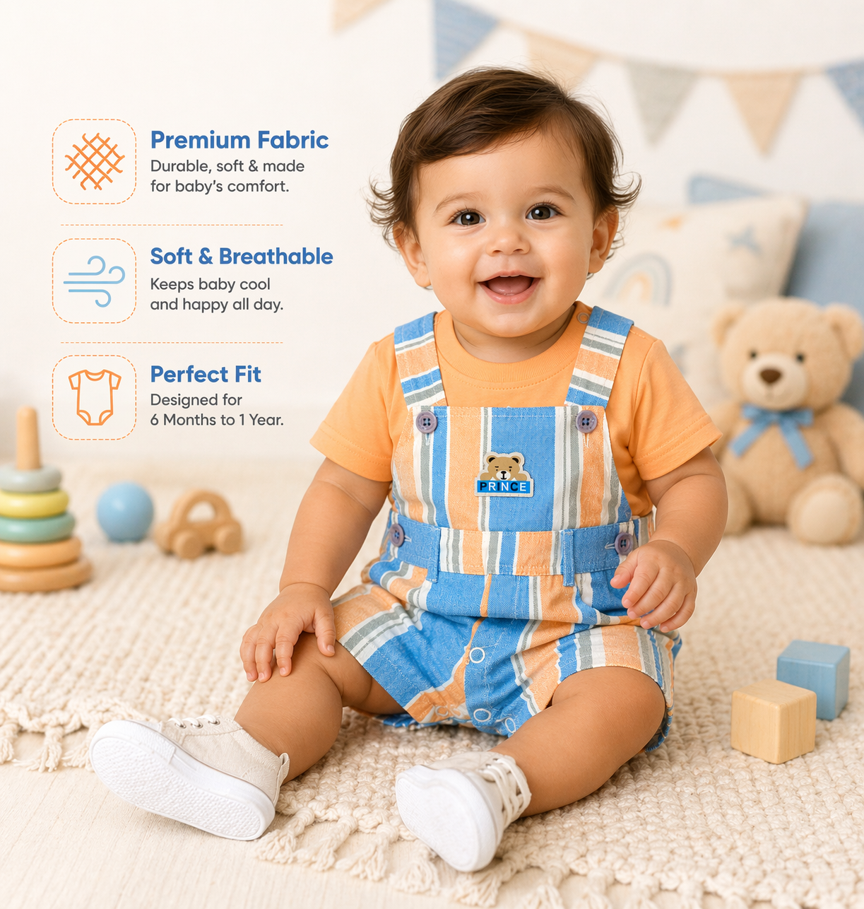 Baby Boys Striped Dungaree Romper Set with T-Shirt – Peach & Blue Casual Outfit