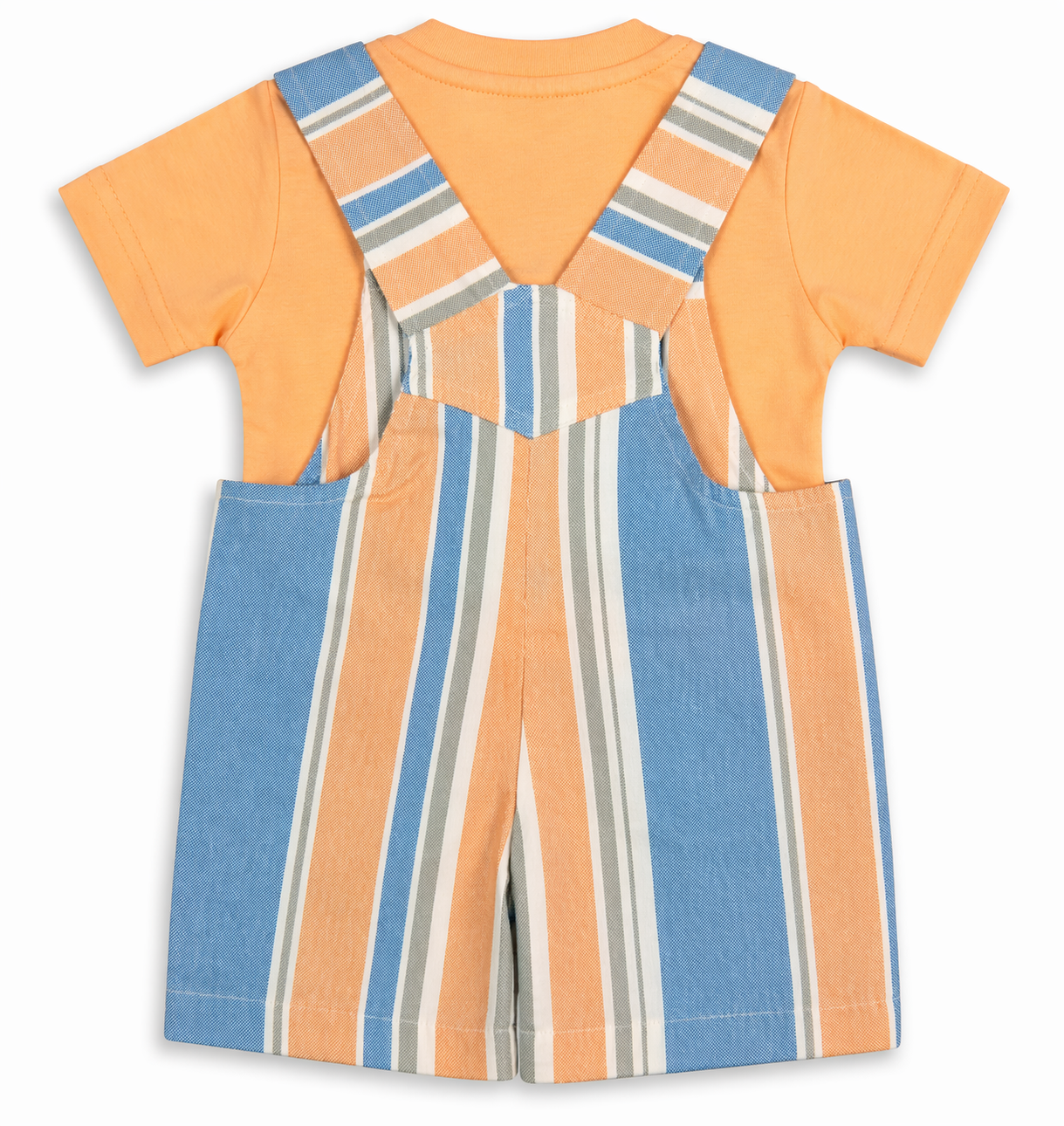 Baby Boys Striped Dungaree Romper Set with T-Shirt – Peach & Blue Casual Outfit - Image 3