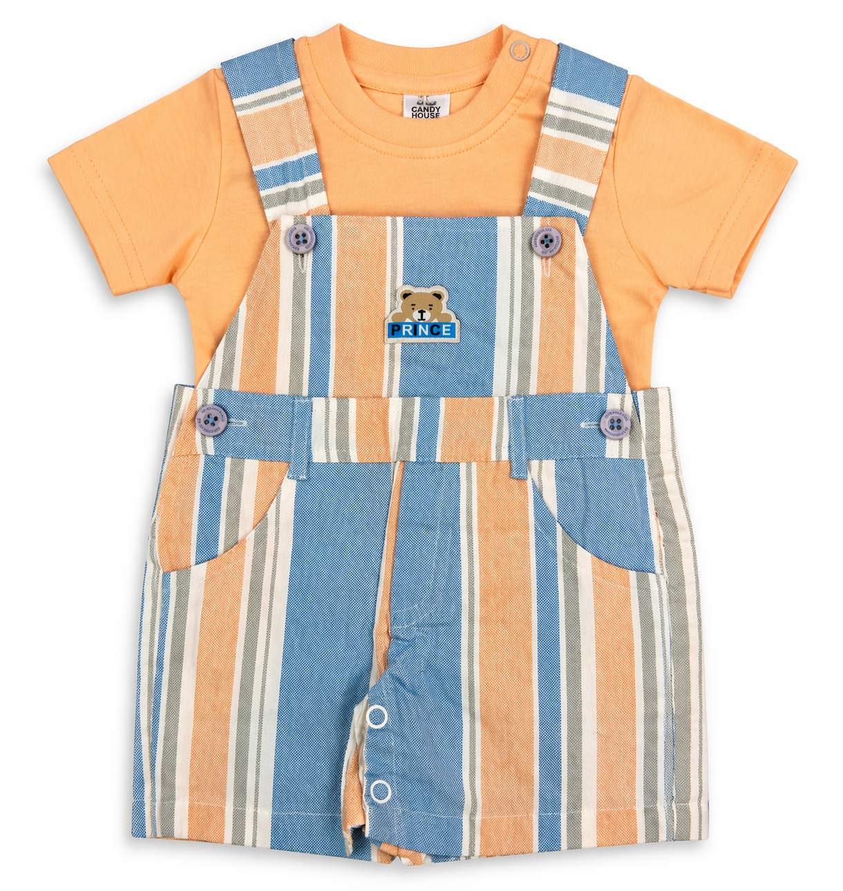 Baby Boys Striped Dungaree Romper Set with T-Shirt – Peach & Blue Casual Outfit - Image 2