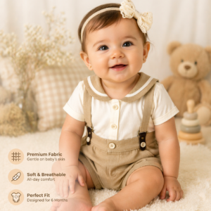 Baby Boys Sailor Collar Suspender Shorts Outfit Set – Beige & White Party Wear Dress