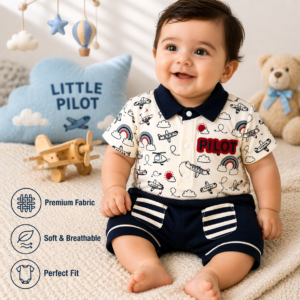 Baby Boys Pilot Theme Romper Suit – Airplane Printed Casual Outfit