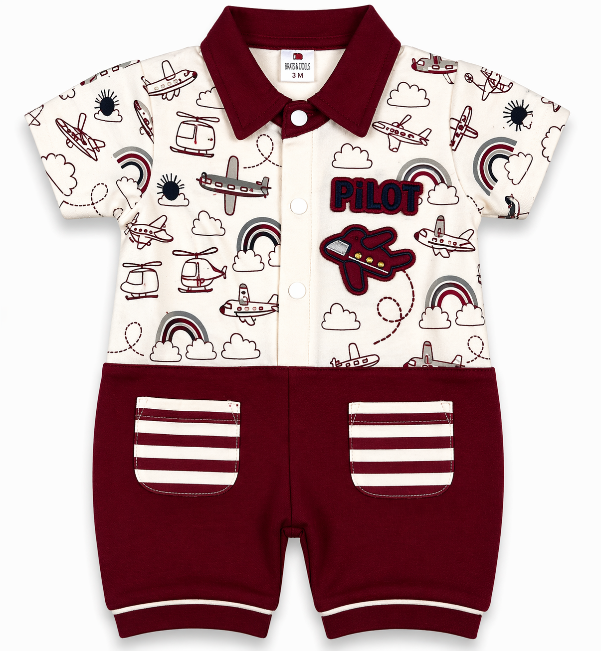 Baby Boys Pilot Theme Romper Suit – Airplane Printed Maroon Casual Outfit - Image 2