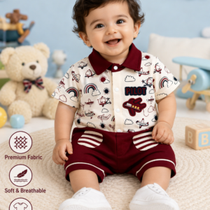 Baby Boys Pilot Theme Romper Suit – Airplane Printed Maroon Casual Outfit