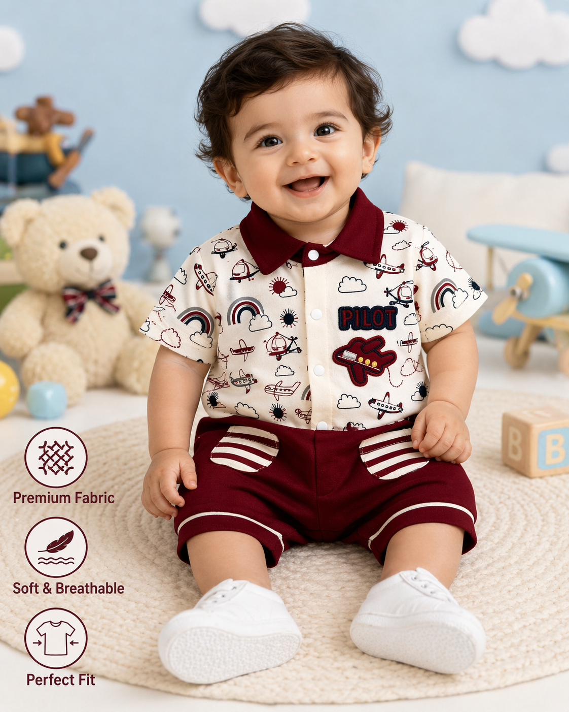 Baby Boys Pilot Theme Romper Suit – Airplane Printed Maroon Casual Outfit