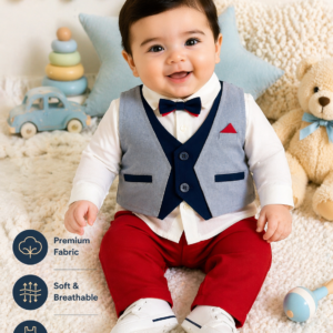 Baby Boys Formal Party Wear 4-Piece Outfit Set with Bow Tie & Waistcoat