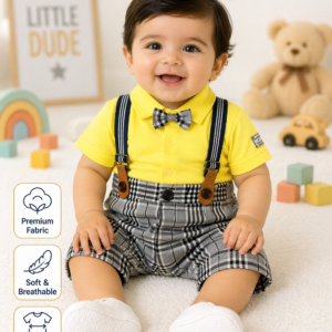 Baby Boys Yellow Plaid Suspender Shorts Set with Bow Tie – Stylish Formal Outfit for Infants & Toddlers