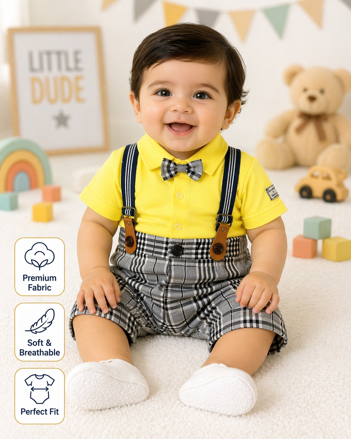 Baby Boys Yellow Plaid Suspender Shorts Set with Bow Tie – Stylish Formal Outfit for Infants & Toddlers