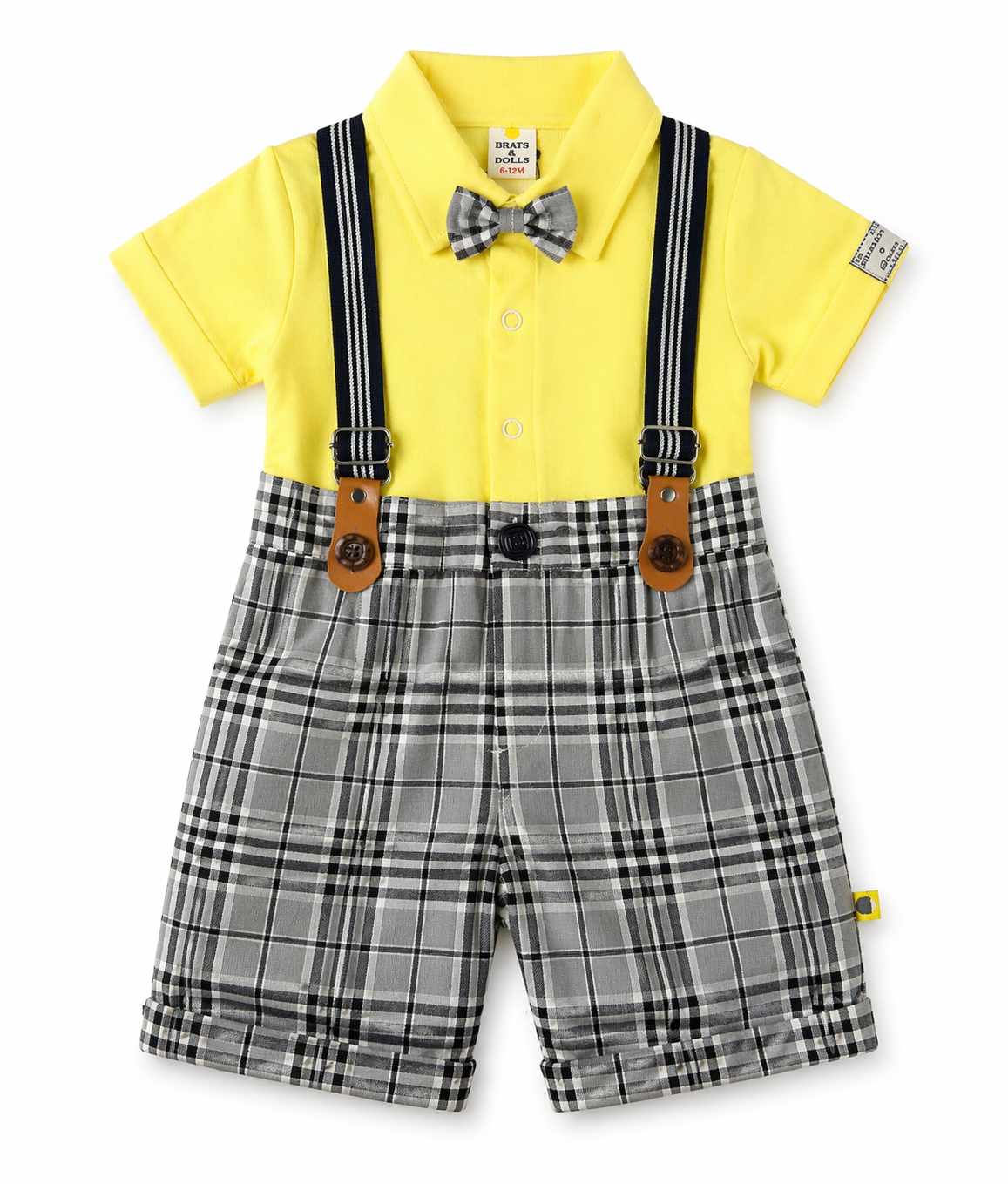 Baby Boys Yellow Plaid Suspender Shorts Set with Bow Tie – Stylish Formal Outfit for Infants & Toddlers - Image 2