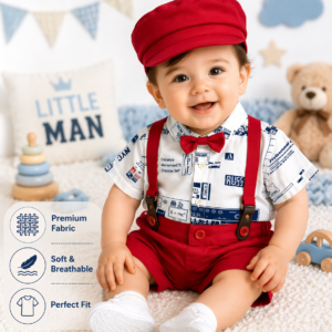 Baby Boys Suspender Shorts Set with Cap & Bow Tie (Red Formal Party Wear)