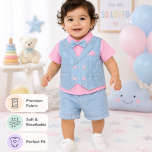 Baby Boys Formal Vest Suit Set with Bow Tie – Pink Shirt & Blue Striped Shorts Party Wear Outfit