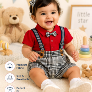 Baby Boys Red Suspender Plaid Shorts Outfit Set with Bow Tie