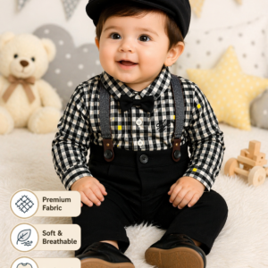 Baby Boys Formal Checkered Suspender Pant Set with Bow Tie (Black Party Wear Outfit)