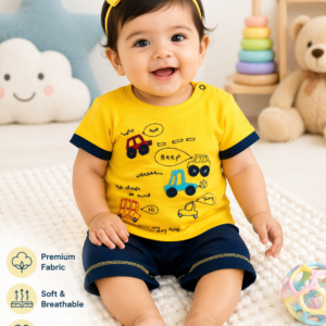 Baby Boys Vehicle Print T-Shirt & Shorts Set – Yellow & Navy Casual Outfit