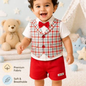 Baby Boys Formal Waistcoat Shirt & Shorts Set with Bow Tie (Red Checkered Party Wear)