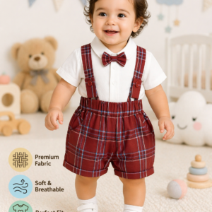 Baby Boys Plaid Suspender Shorts Set with Bow Tie – Formal Party Wear Outfit