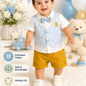 Baby Boys Sky Blue Striped Waistcoat & Mustard Shorts Formal Outfit Set