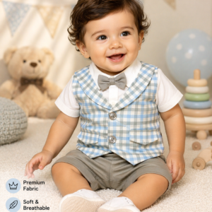 Baby Boys Blue Checkered Waistcoat Formal Shorts Set with Bow Tie