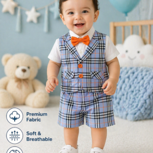 Baby Boys Formal Waistcoat Suit Set with Bow Tie (Blue Checkered – Premium Party Wear)