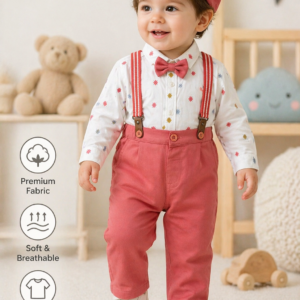 Baby Boys Formal Suspender Pant Set with Cap & Bow Tie (Peach Party Wear Outfit)