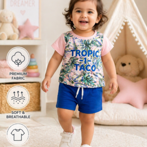 Baby Girls Tropical Print T-Shirt & Shorts Set – Pink & Blue Summer Outfit