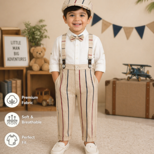 Baby Boys Formal Suspender Pant Set with Cap & Bow Tie (Cream Striped Party Wear)