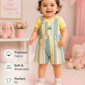 Baby Boys Striped Dungaree Set with T-Shirt (Prince Edition – Green & Yellow)