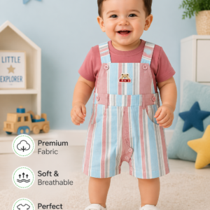Baby Boys Striped Dungaree Romper Set – Pink & Blue Casual Outfit