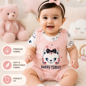 Baby Girls Happy Times Cat Print Romper Suit – Soft Cotton Casual Outfit