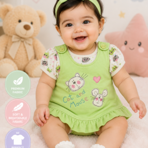 Baby Girls Cat and Mouse Print Frock Style Romper – Green Casual Outfit