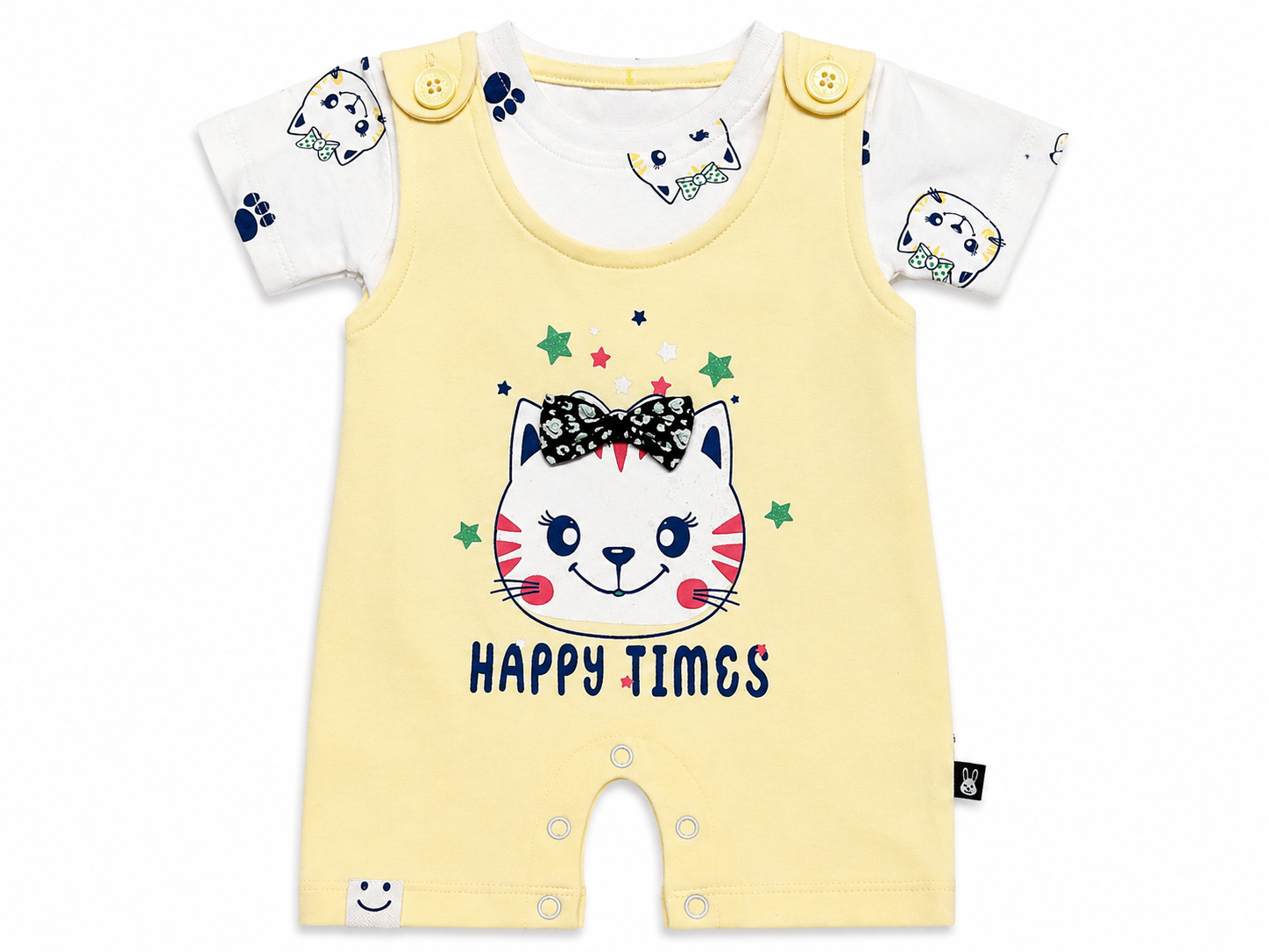 Baby Girls Happy Times Cat Print Romper Suit – Yellow Cotton Casual Outfit - Image 2
