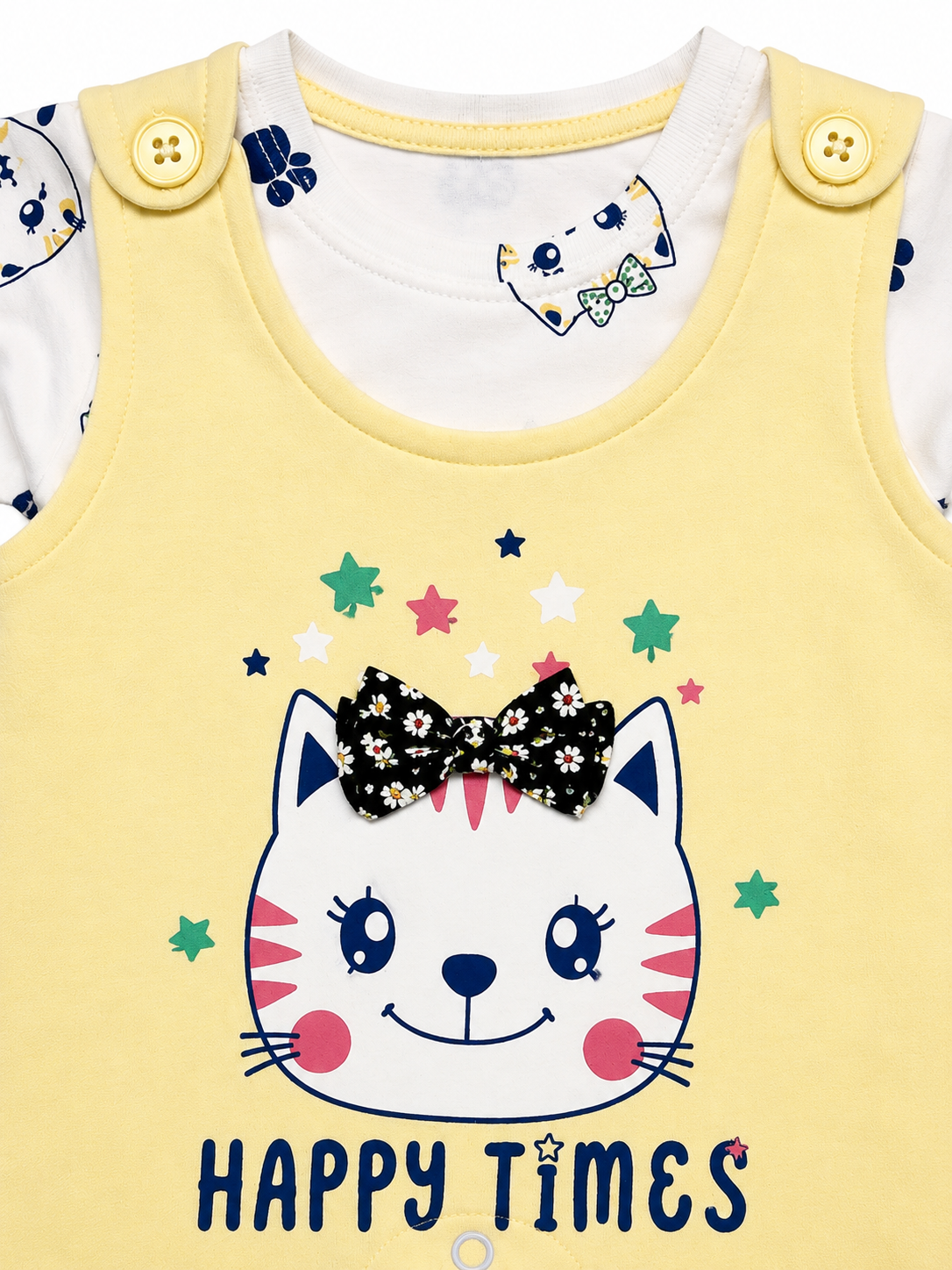 Baby Girls Happy Times Cat Print Romper Suit – Yellow Cotton Casual Outfit - Image 4