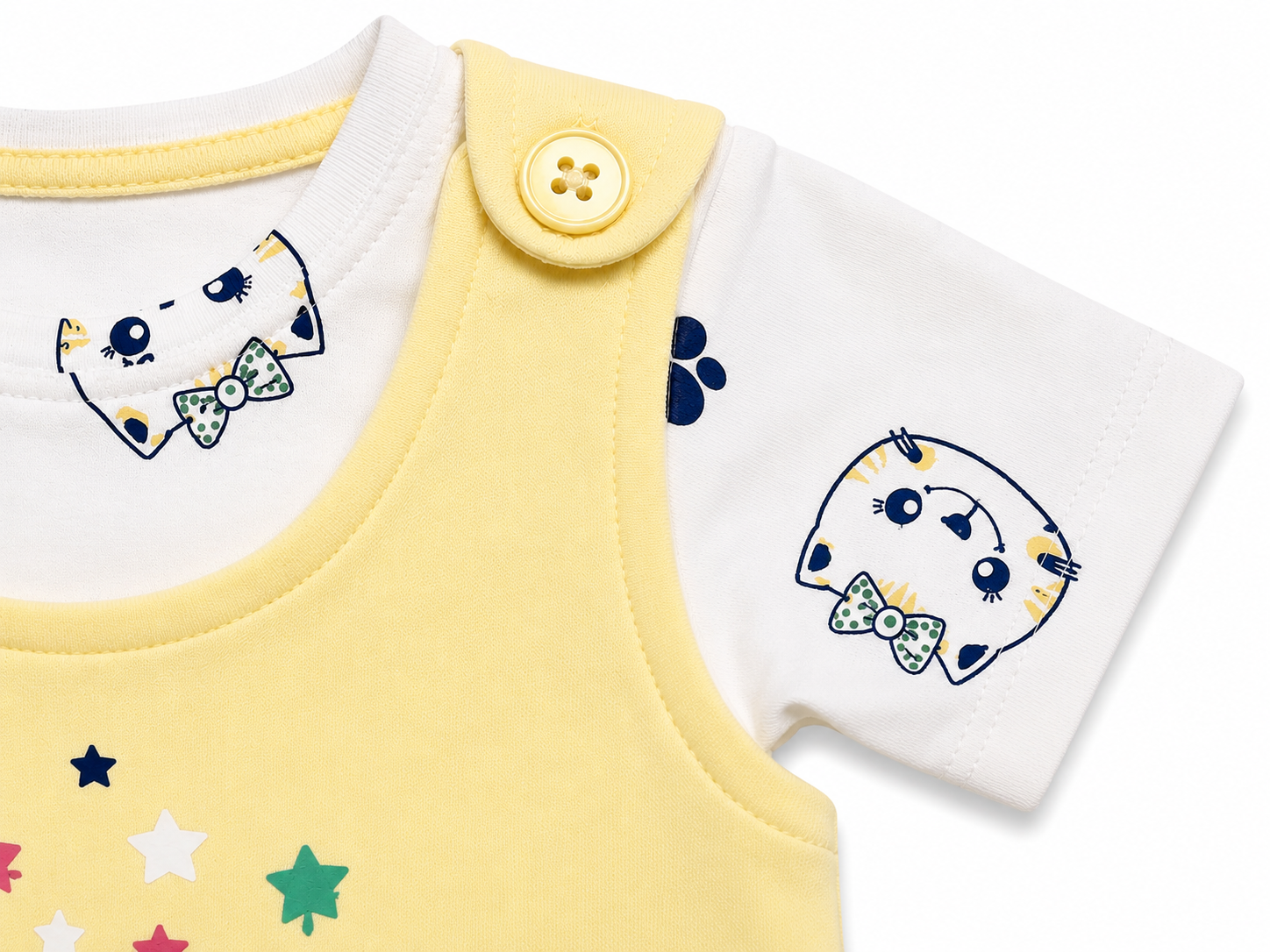 Baby Girls Happy Times Cat Print Romper Suit – Yellow Cotton Casual Outfit - Image 5