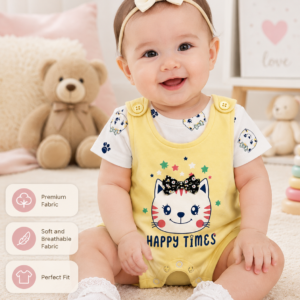 Baby Girls Happy Times Cat Print Romper Suit – Yellow Cotton Casual Outfit