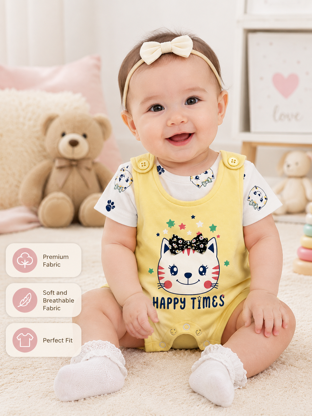 Baby Girls Happy Times Cat Print Romper Suit – Yellow Cotton Casual Outfit