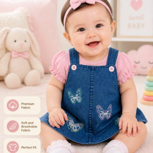 Baby Girls Butterfly Embroidered Denim Pinafore Dress Set – Pink Casual Outfit