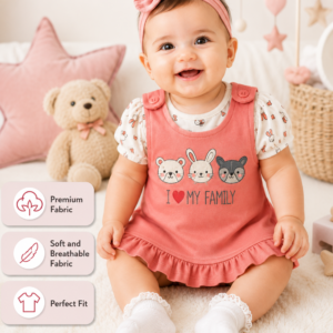 Baby Girls I Love My Family Print Frock Style Top – Pink Casual Outfit