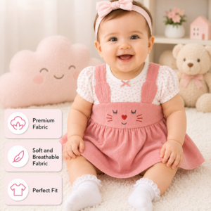 Baby Girls Cute Kitty Face Frock Style Top – Soft Pink Casual Wear