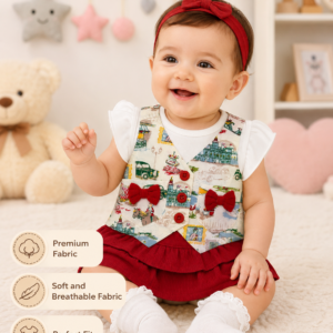 Baby Girls Printed Vest Style Party Dress with Red Frill Skirt