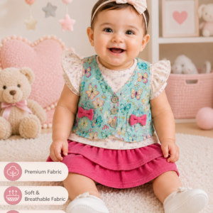 Baby Girls Butterfly Print Vest Style Dress with Pink Frill Skirt