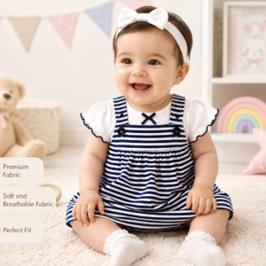 Baby Girls Navy Blue & White Striped Dress with Matching White Top