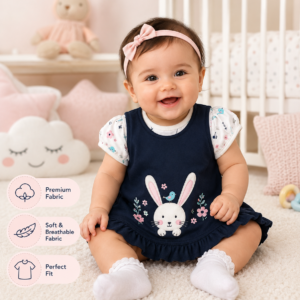 Baby Girls Bunny Applique Cotton Romper Dress – Soft & Breathable Toddler Casual Outfit